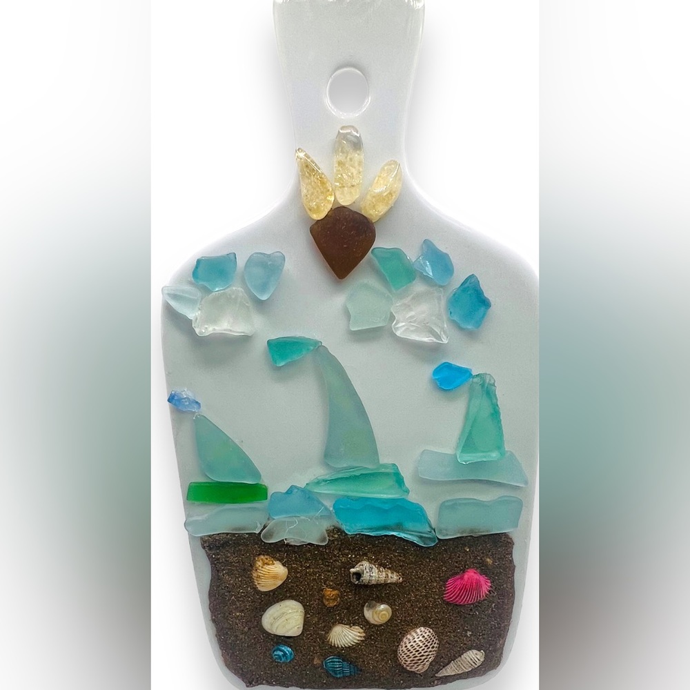 Artisan Crafted Ceramic Board Sailboat Scene W Sea Glass Citrine, Sand Seashells - Picture 3 of 12